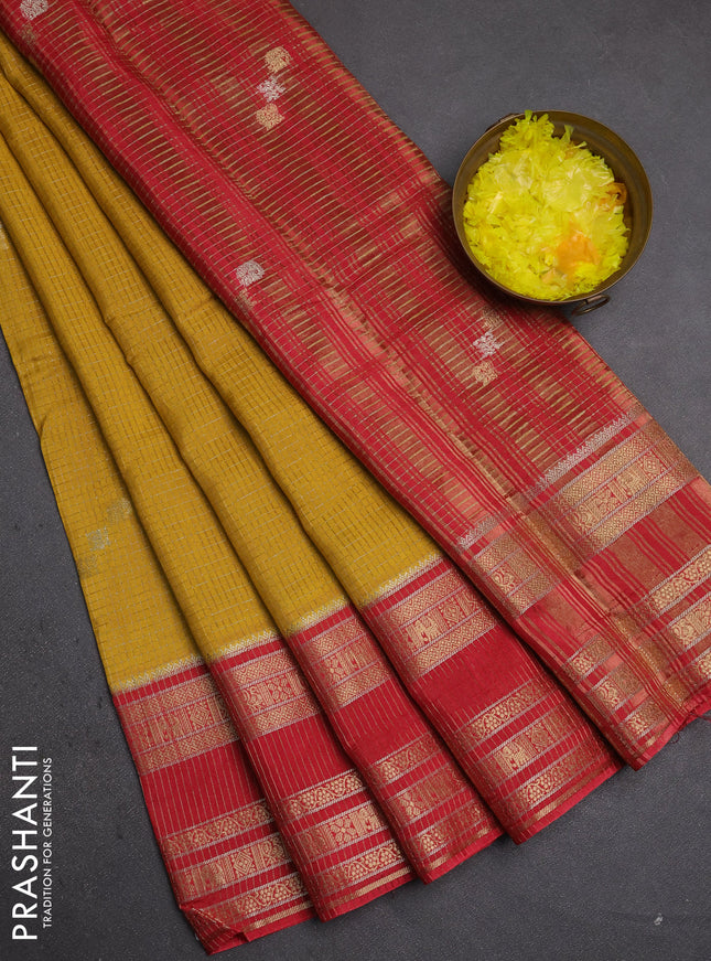 Semi mysore silk saree mustard yellow and red with allover zari checks & buttas and zari woven border