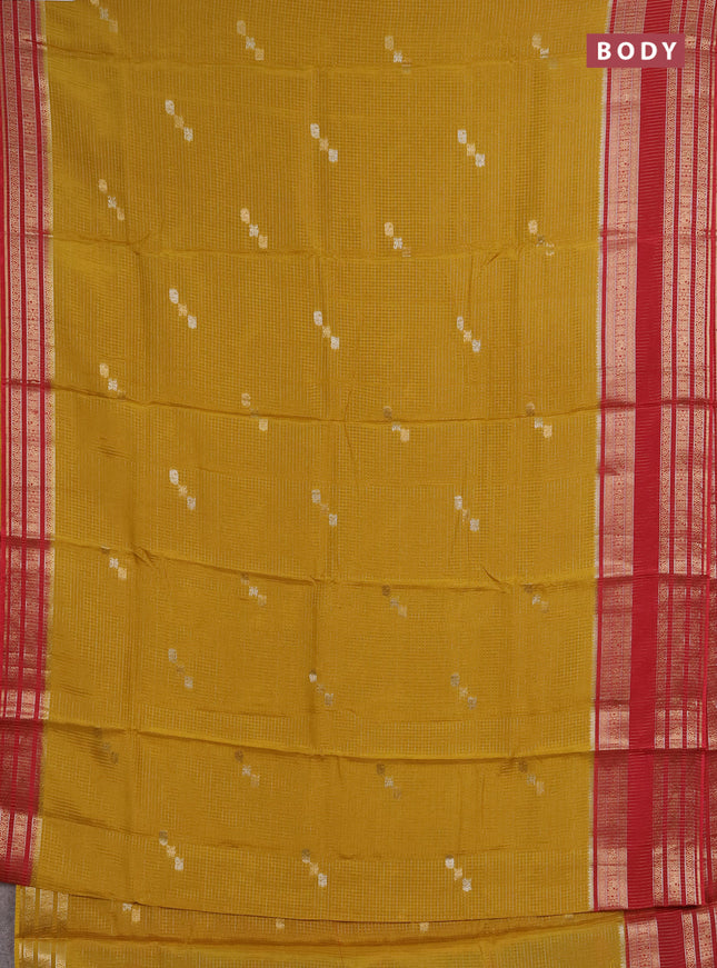 Semi mysore silk saree mustard yellow and red with allover zari checks & buttas and zari woven border