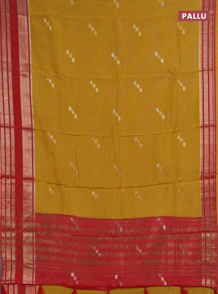 Semi mysore silk saree mustard yellow and red with allover zari checks & buttas and zari woven border