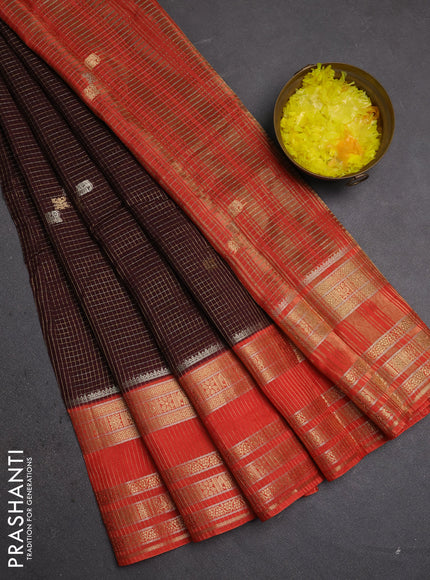 Semi mysore silk saree coffee brown and orange with allover zari checks & buttas and zari woven border