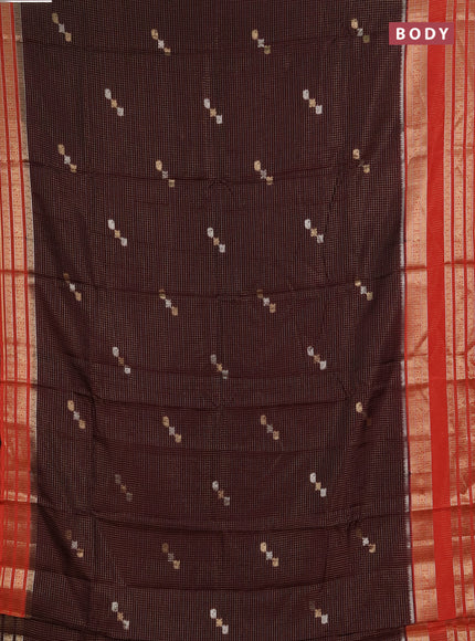 Semi mysore silk saree coffee brown and orange with allover zari checks & buttas and zari woven border