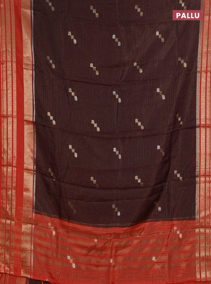 Semi mysore silk saree coffee brown and orange with allover zari checks & buttas and zari woven border