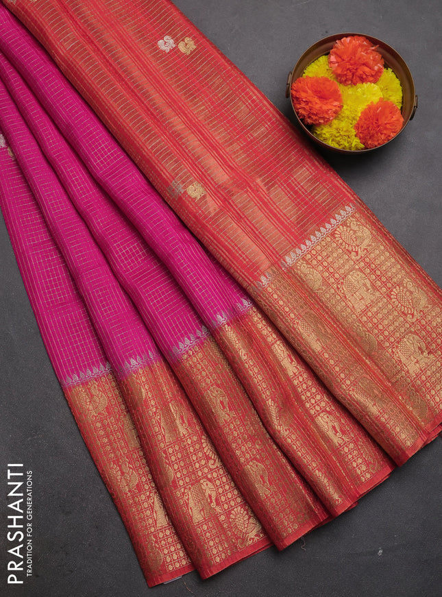 Semi mysore silk saree pink and orange with allover zari checks & buttas and long zari woven border