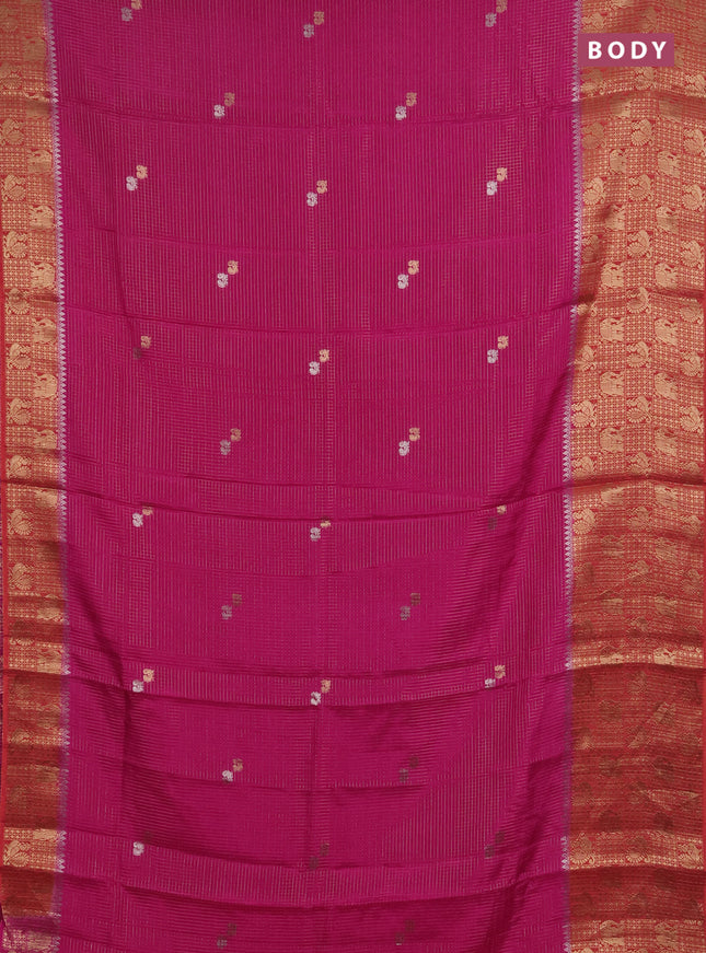 Semi mysore silk saree pink and orange with allover zari checks & buttas and long zari woven border