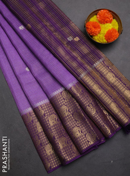 Semi mysore silk saree lavender and violet with allover zari checks & buttas and long zari woven border
