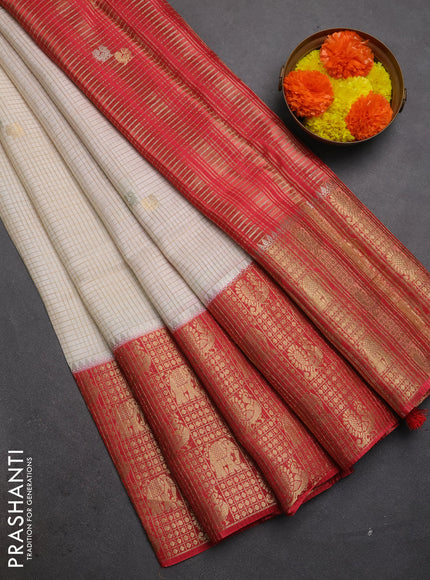 Semi mysore silk saree off white and red with allover zari checks & buttas and long zari woven border