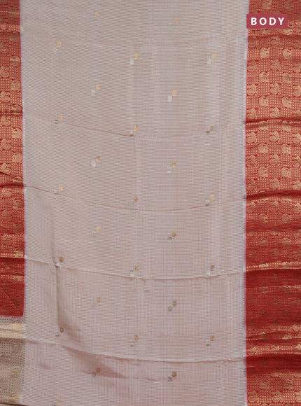 Semi mysore silk saree off white and red with allover zari checks & buttas and long zari woven border