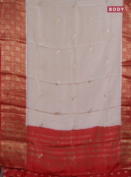 Semi mysore silk saree off white and red with allover zari checks & buttas and long zari woven border