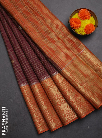 Semi mysore silk saree brown and rust shade with allover zari checks & buttas and long zari woven border