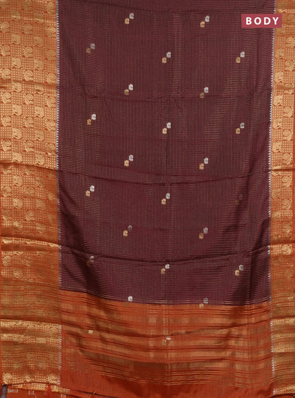 Semi mysore silk saree brown and rust shade with allover zari checks & buttas and long zari woven border
