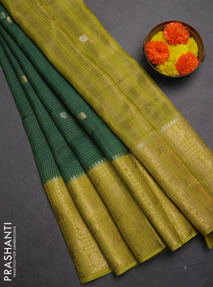 Semi mysore silk saree green and lime green with allover zari checks & buttas and long zari woven border