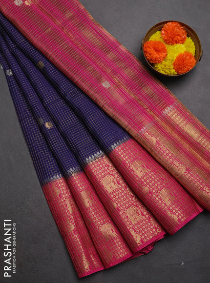 Semi mysore silk saree blue and pink with allover zari checks & buttas and long zari woven border