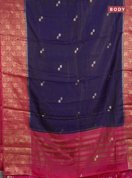 Semi mysore silk saree blue and pink with allover zari checks & buttas and long zari woven border