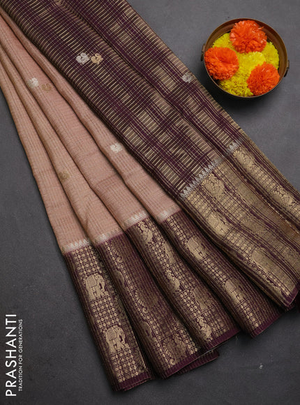 Semi mysore silk saree beige and deep purple with allover zari checks & buttas and long zari woven border