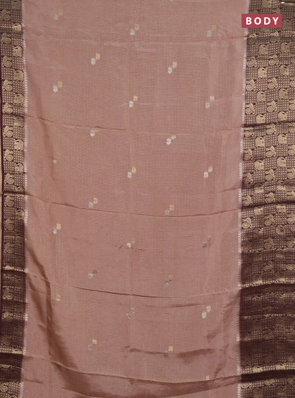 Semi mysore silk saree beige and deep purple with allover zari checks & buttas and long zari woven border