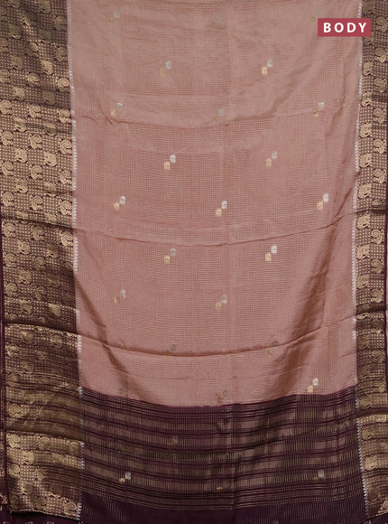 Semi mysore silk saree beige and deep purple with allover zari checks & buttas and long zari woven border