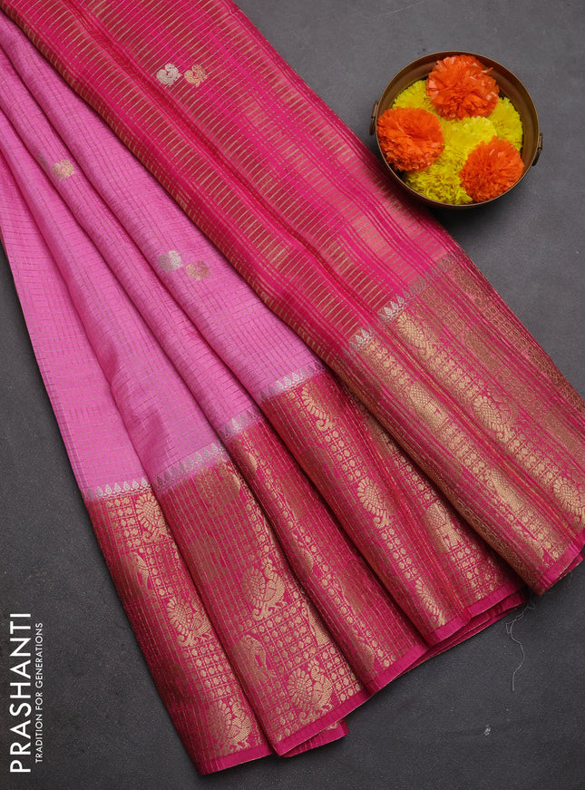 Semi mysore silk saree llight pink and pink with allover zari checks & buttas and long zari woven border