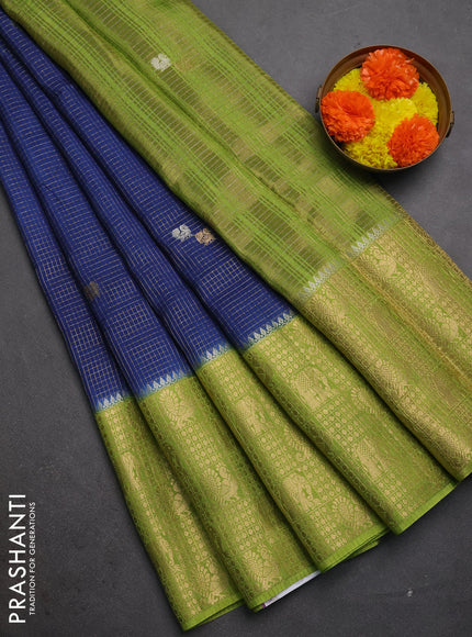 Semi mysore silk saree blue and lime green with allover zari checks & buttas and long zari woven border