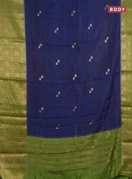 Semi mysore silk saree blue and lime green with allover zari checks & buttas and long zari woven border