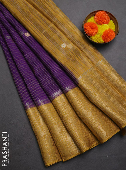 Semi mysore silk saree violet and mustard yellow with allover zari checks & buttas and long zari woven border