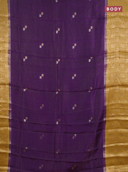 Semi mysore silk saree violet and mustard yellow with allover zari checks & buttas and long zari woven border