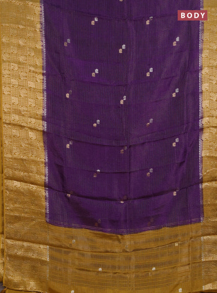 Semi mysore silk saree violet and mustard yellow with allover zari checks & buttas and long zari woven border