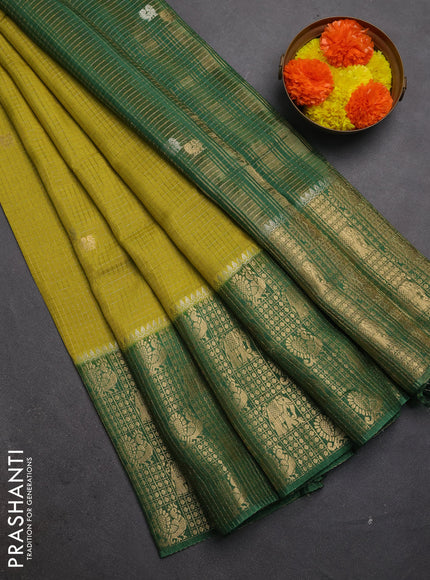 Semi mysore silk saree light green and green with allover zari checks & buttas and long zari woven border