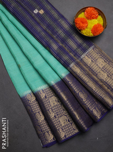 Semi mysore silk saree teal green and blue with allover zari checks & buttas and long zari woven border