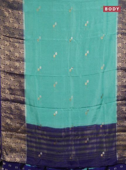 Semi mysore silk saree teal green and blue with allover zari checks & buttas and long zari woven border
