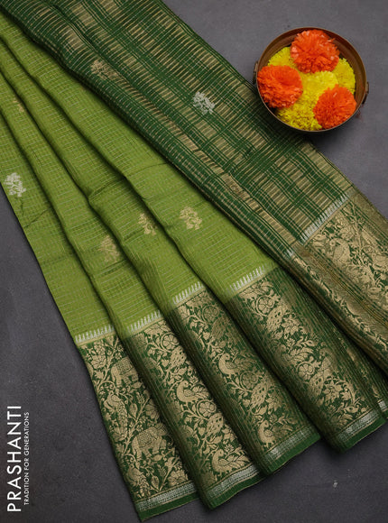 Semi mysore silk saree light green and green with allover zari checks & buttas and long zari woven border