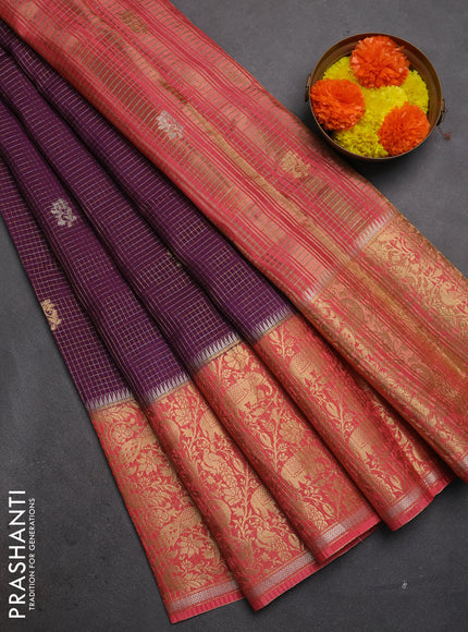 Semi mysore silk saree violet and peach pink with allover zari checks & buttas and long zari woven border