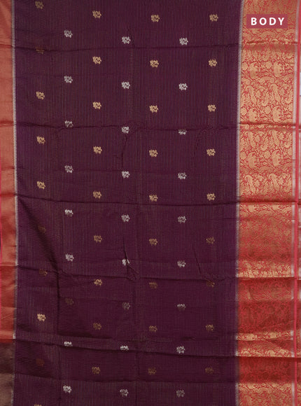 Semi mysore silk saree violet and peach pink with allover zari checks & buttas and long zari woven border