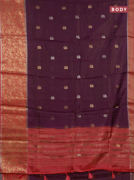 Semi mysore silk saree violet and peach pink with allover zari checks & buttas and long zari woven border