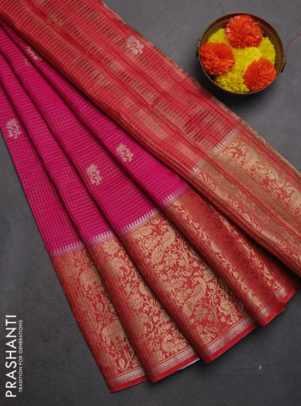 Semi mysore silk saree pink and orange with allover zari checks & buttas and long zari woven border