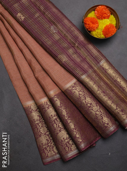 Semi mysore silk saree sandal and deep wine with allover zari checks & buttas and long zari woven border