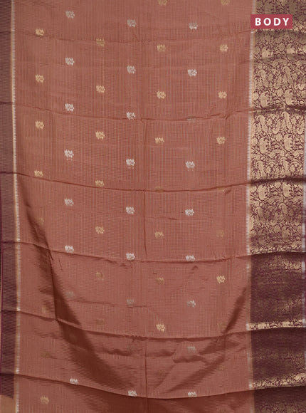 Semi mysore silk saree sandal and deep wine with allover zari checks & buttas and long zari woven border
