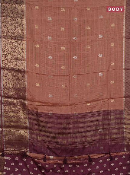 Semi mysore silk saree sandal and deep wine with allover zari checks & buttas and long zari woven border
