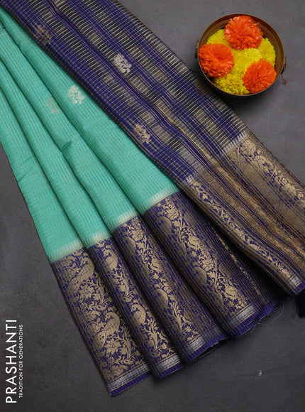 Semi mysore silk saree teal green and violet with allover zari checks & buttas and long zari woven border