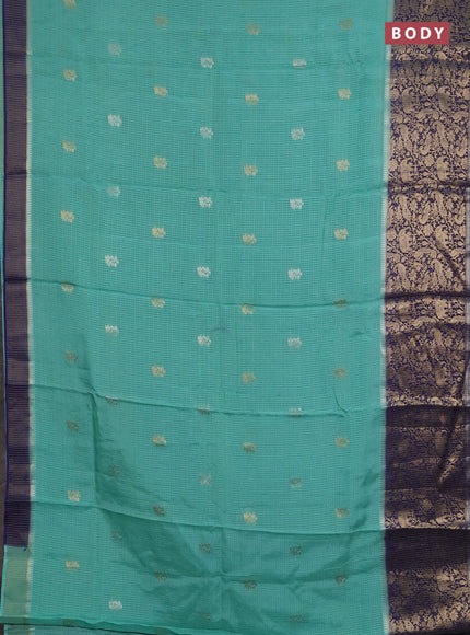 Semi mysore silk saree teal green and violet with allover zari checks & buttas and long zari woven border