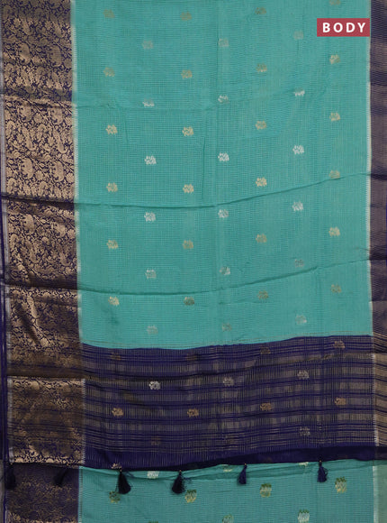Semi mysore silk saree teal green and violet with allover zari checks & buttas and long zari woven border