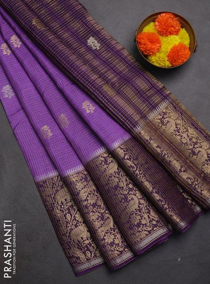 Semi mysore silk saree lavender and violet with allover zari checks & buttas and long zari woven border