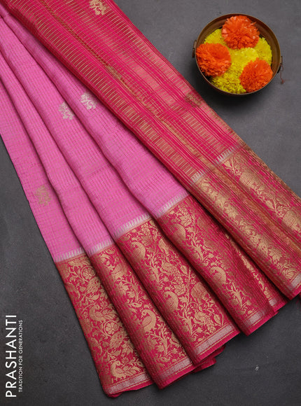 Semi mysore silk saree light green and pink with allover zari checks & buttas and long zari woven border