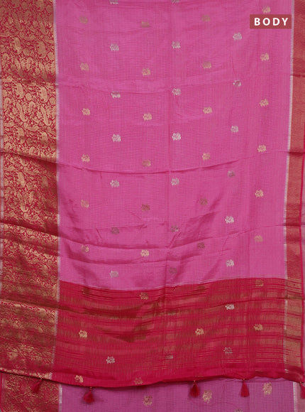 Semi mysore silk saree light green and pink with allover zari checks & buttas and long zari woven border