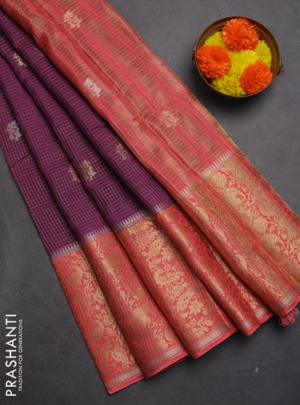Semi mysore silk saree purple and peach pink with allover zari checks & buttas and long zari woven border