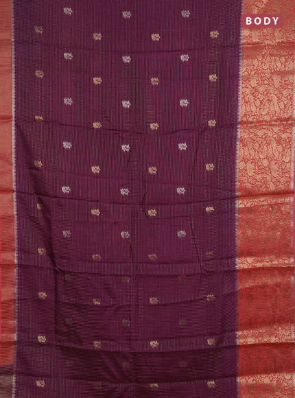 Semi mysore silk saree purple and peach pink with allover zari checks & buttas and long zari woven border