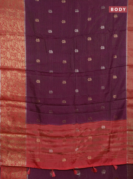 Semi mysore silk saree purple and peach pink with allover zari checks & buttas and long zari woven border