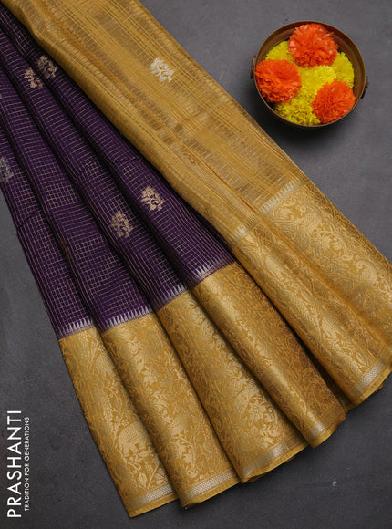 Semi mysore silk saree violet and mustard yellow with allover zari checks & buttas and long zari woven border