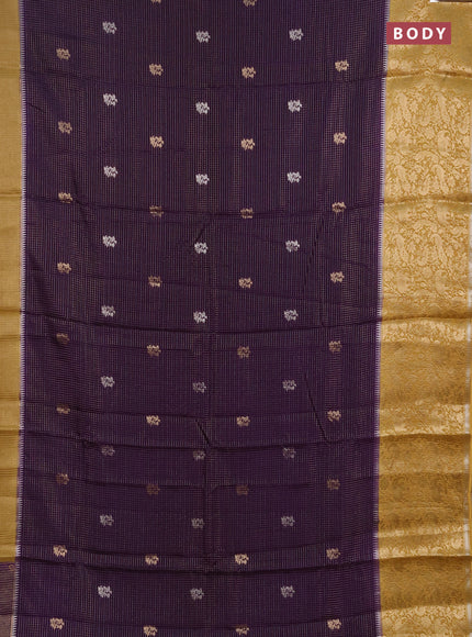 Semi mysore silk saree violet and mustard yellow with allover zari checks & buttas and long zari woven border
