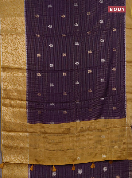 Semi mysore silk saree violet and mustard yellow with allover zari checks & buttas and long zari woven border