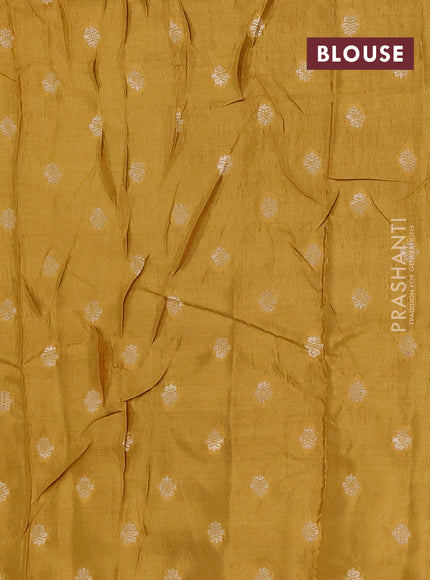 Semi mysore silk saree violet and mustard yellow with allover zari checks & buttas and long zari woven border